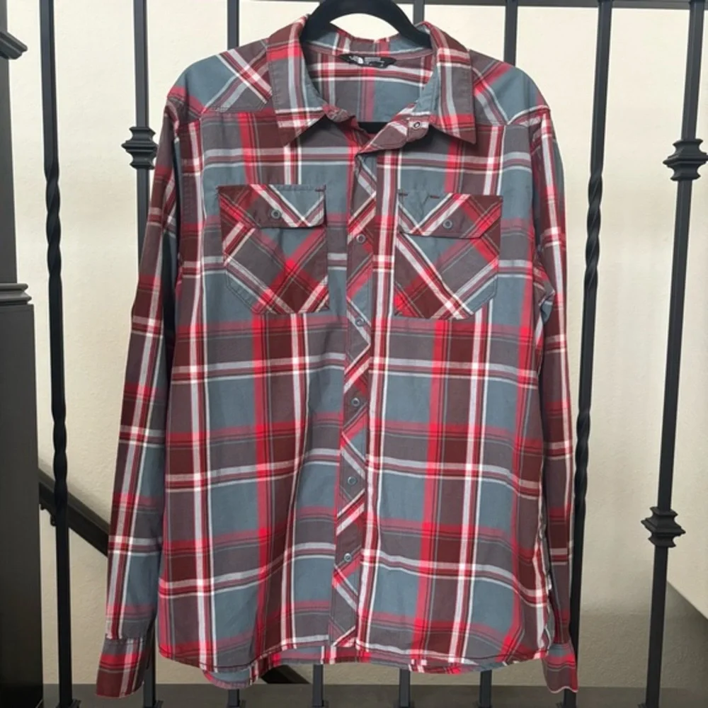 The‎ North Face Red Blue Plaid Snap Button Up Long Sleeve Casual Shirt Men Sz Lg